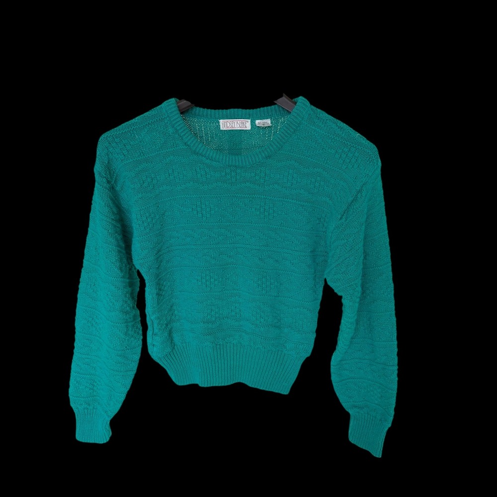 80's Cottagecore Teal Green Textured Knit Ramie Cotton Crewneck Sweater Small